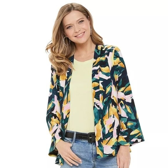 Apt. 9 Tropical Green, Yellow & Pink Abstract Print Open Front Kimono Blazer - Picture 2 of 7